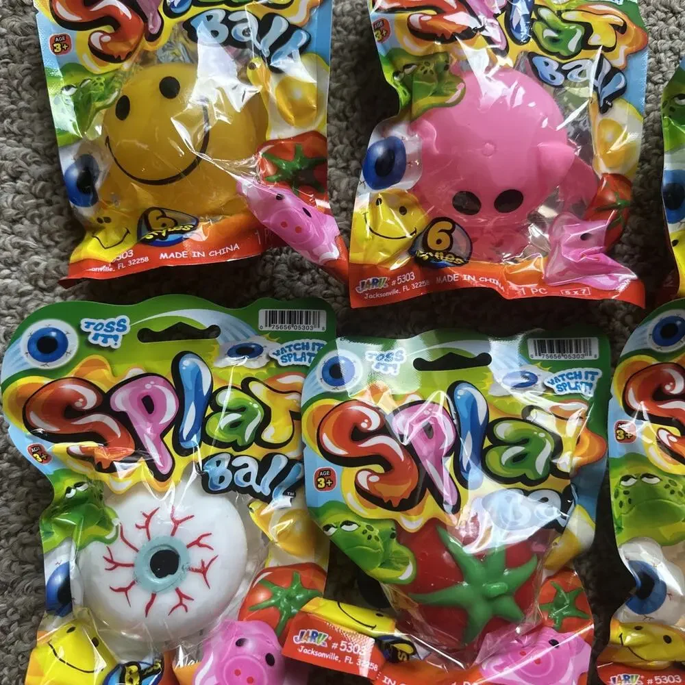 Lot of 6 Ja-Ra Splat Ball Tomato Pig Eye Frog Egg Smiley Fun Toy, NEW. Full Set